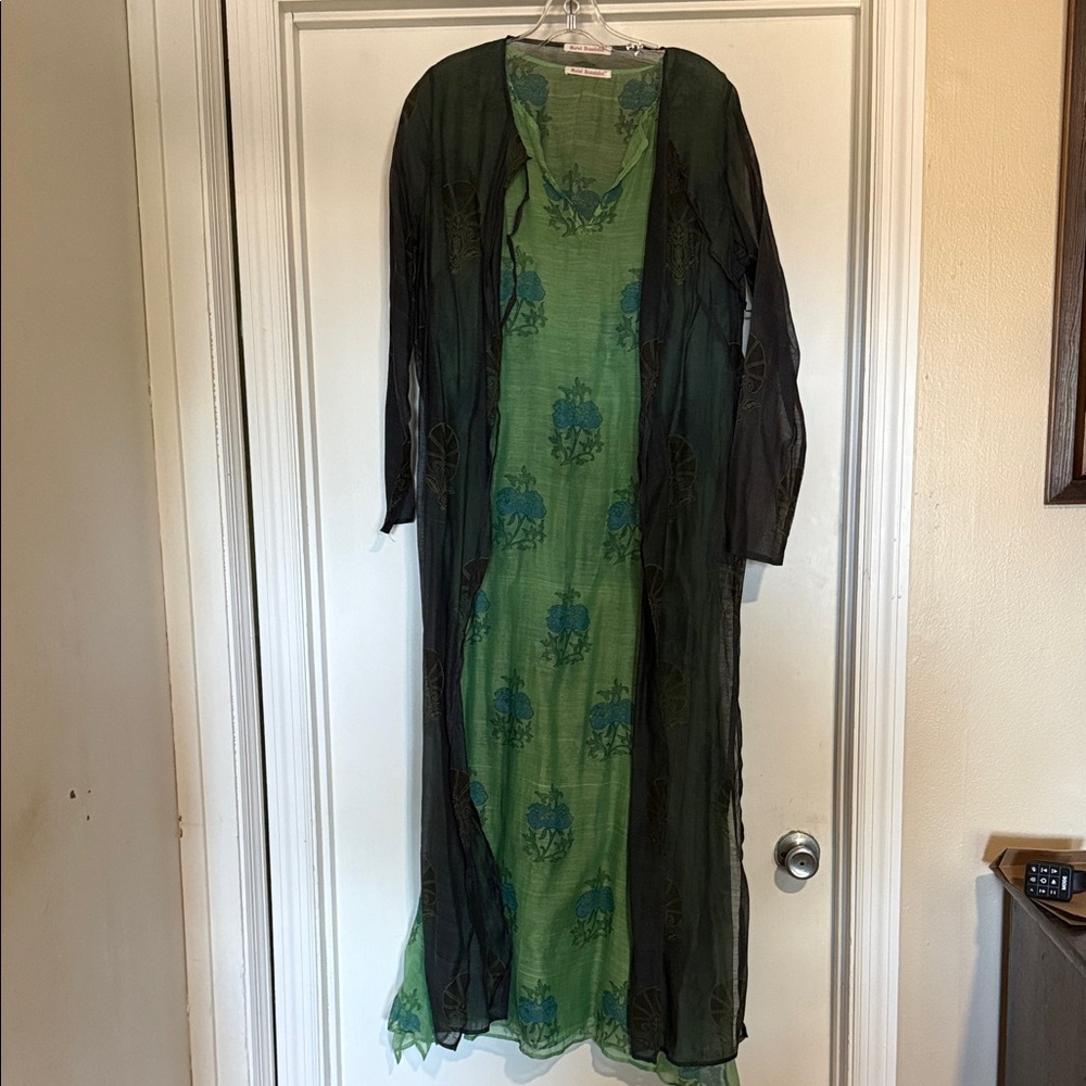 Muriel Brandolini Sheer Green and Navy Maxi Dress and Jacket